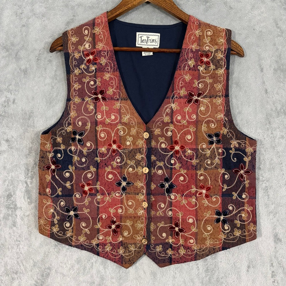 TanTrums Vest Sz M Multicolor Plaid Embroidered Textured Floral 90s Boho Artsy